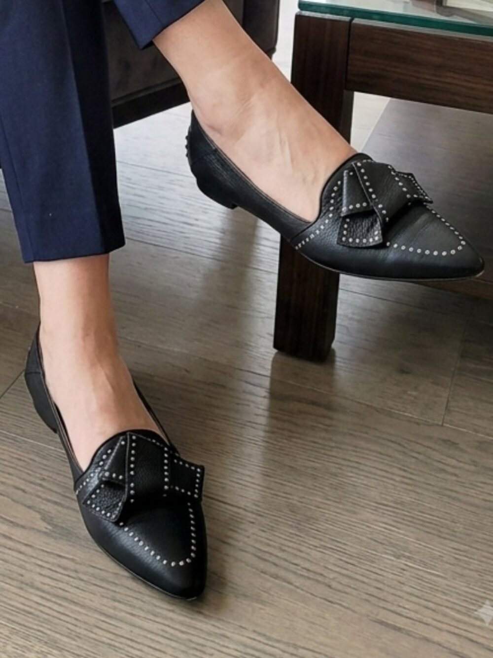 Tod's Black Leather Studded Bow Pointed Toe Flats Loafers Size 38.5 / US 8.5